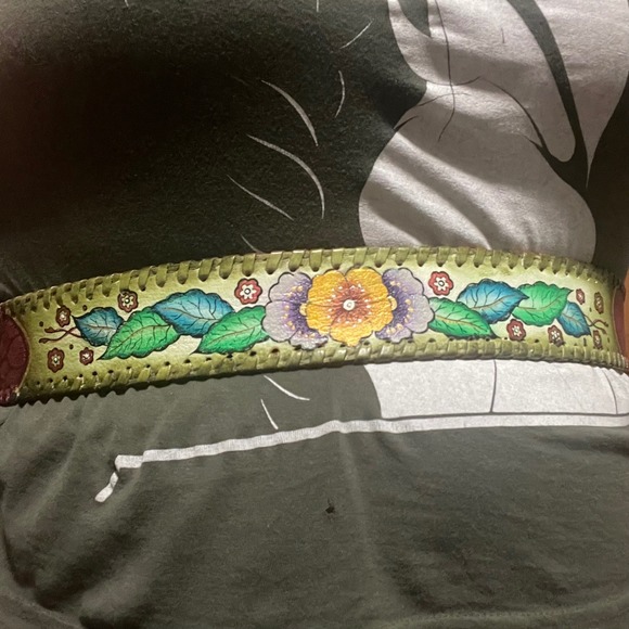 Colorful Belt bronze buckle stitched edges painted floral‎ snake pattern 34-38 - Picture 10 of 14